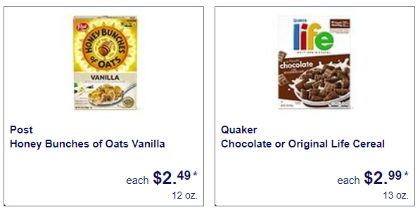 Honey Bunches or Oats and Quaker Life Cereal