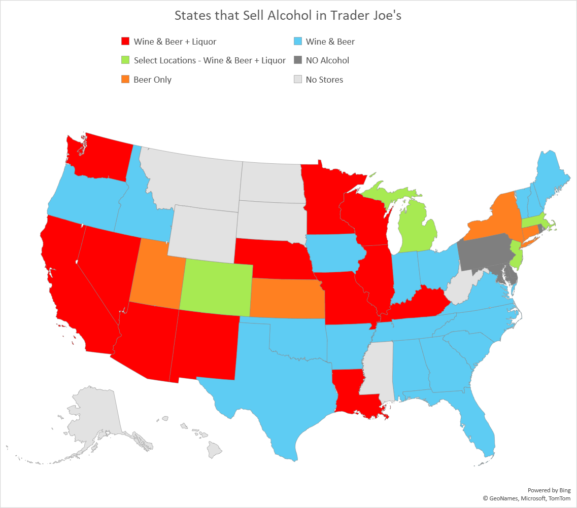 United States Map of where wine, beer, and/or liquor is sold in Trader Joe's