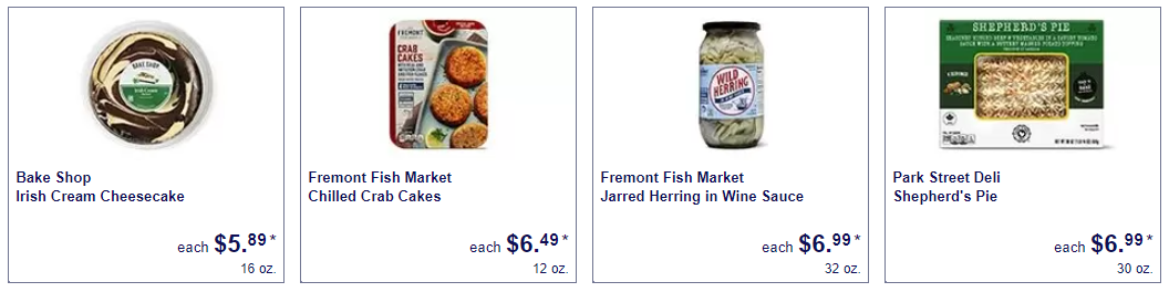 Deli items at Aldi including jarred herring in wine sauce and shepherd's pie.