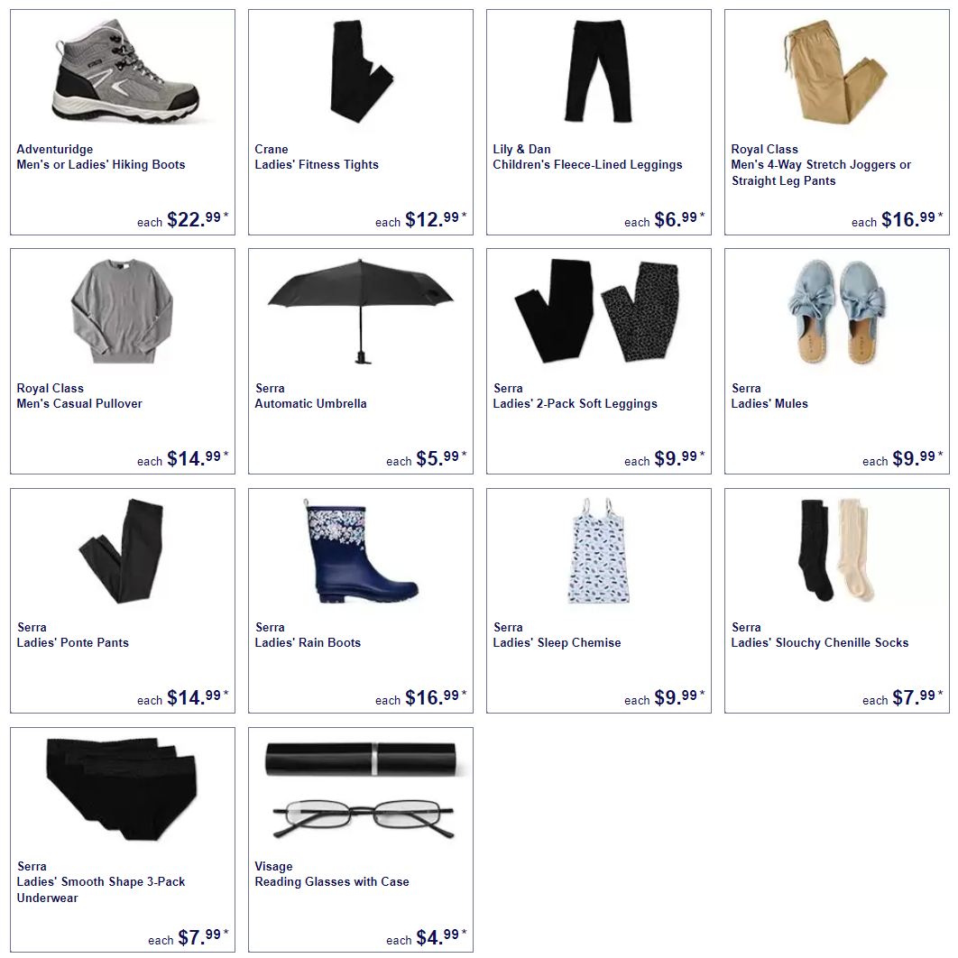 Apparel at Aldi; including hiking boots, leggings, and more.
