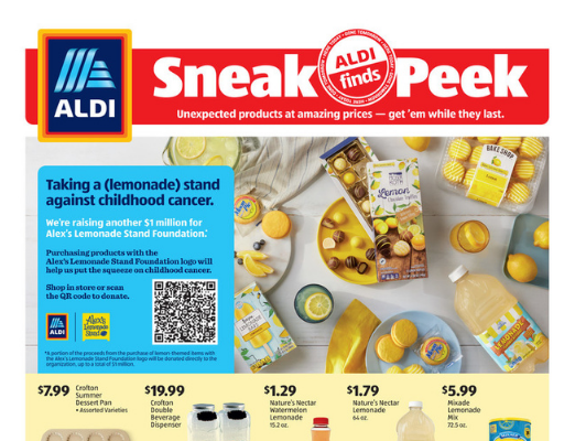 Aldi Finds Sneak Peek flyer for July 11 featuring lemon products to fight childhood cancer.