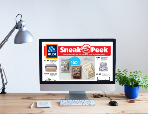 A computer screen with the Aldi Finds Sneak Peek sales flyer for January 30 in it.