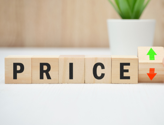 Price spelled out in blocks with red down and green up arrow